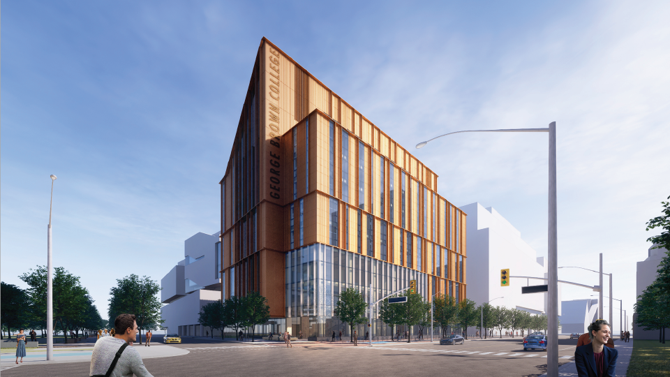 Rendering: street-level perspective of a mass-timber building with a George Brown College sign.