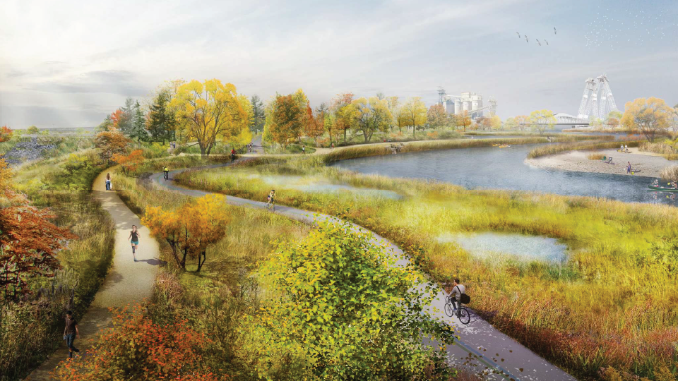 Rendering: a person running on a pathway in a riverside park. 