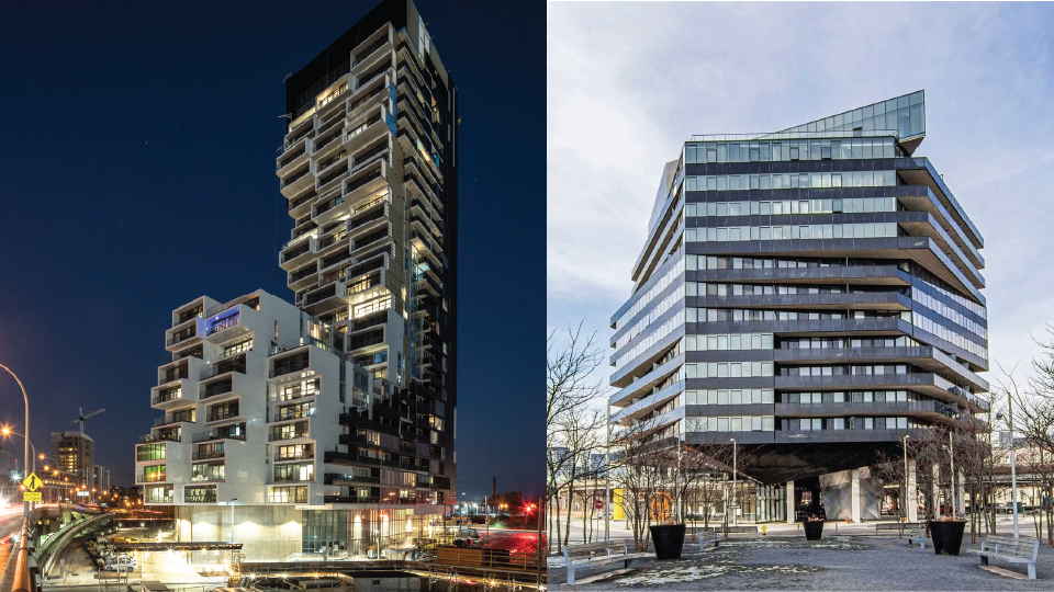 Two photos of apartment buildings, side by side.