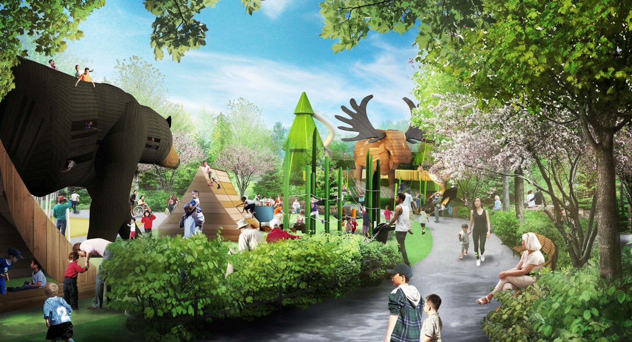 Rendering showing people walking along a path next to a busy park playground 