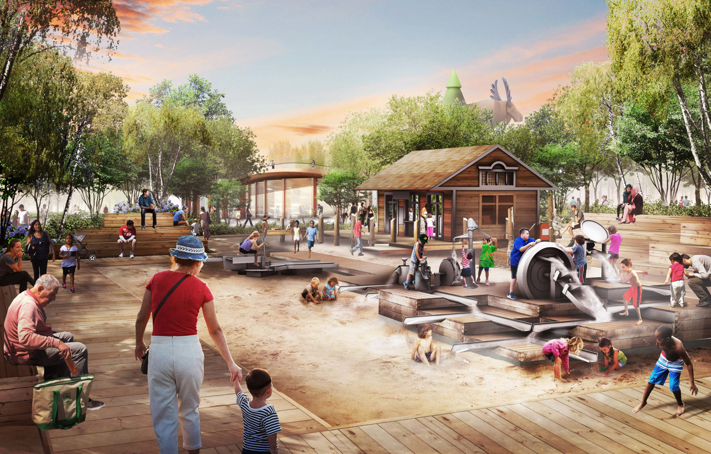 Rendering of children exploring play features in a park