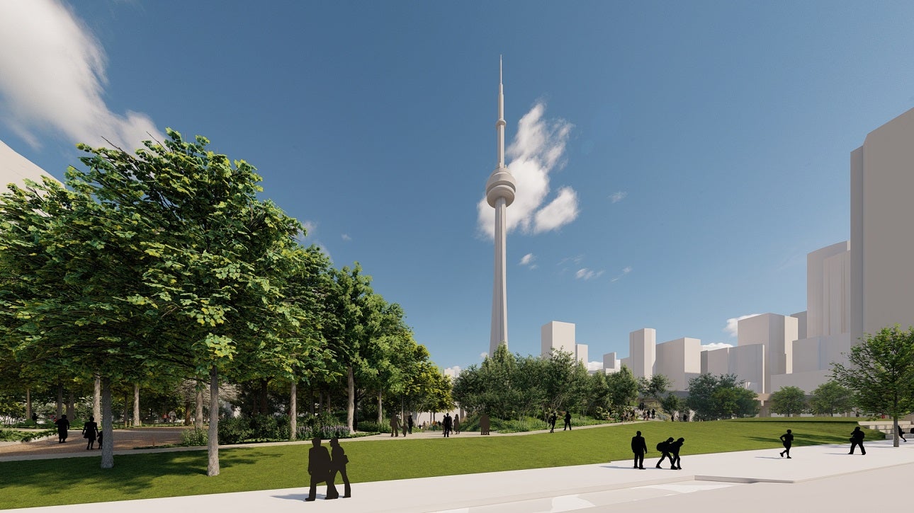 Rendering showing open green space in an urban park with the CN Tower in the background