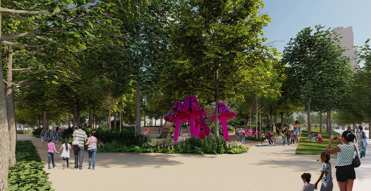 Rendering showing people walking in a shaded park next to a colourful area of play equipment