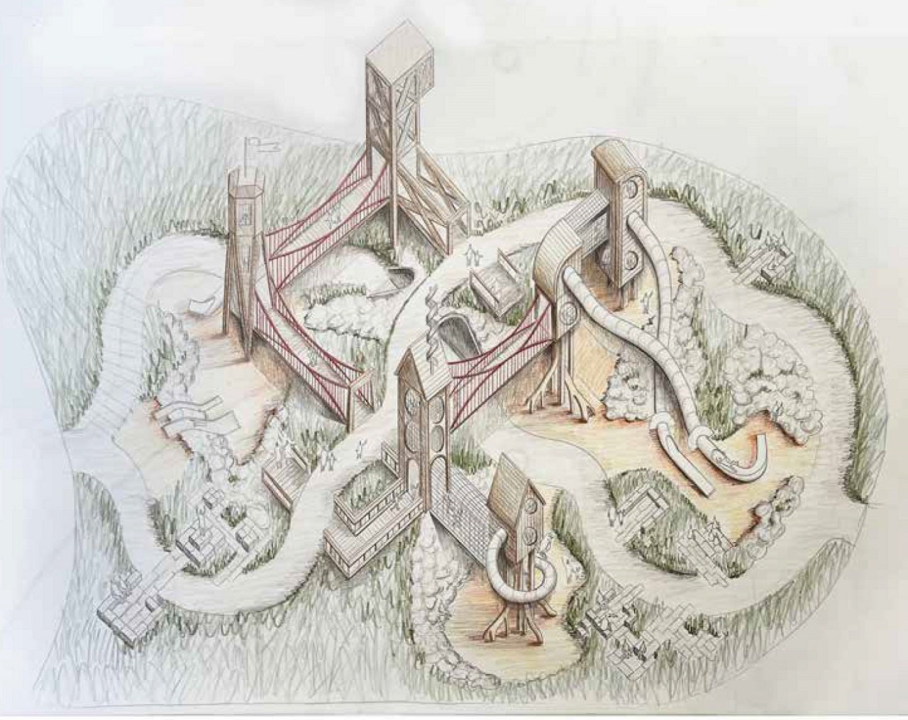 drawing showing a bird's eye view the elements of a park