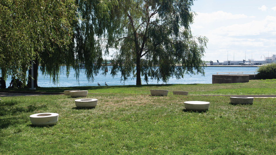 public art displayed in the open green space with the lake in the background