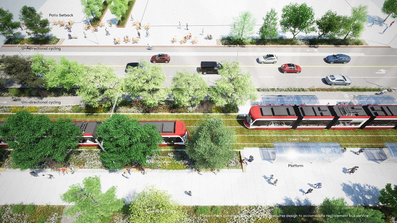 Aerial view rendering of a light rail transit line