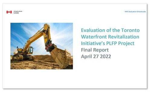 Cover page Evaluation of the Toronto Waterfront Revitalization Initiative's PLFP Project, Final Report April 27, 2022 for the Government of Canada.