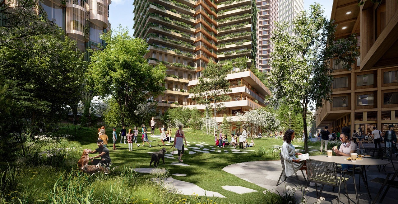 artist rendering of an outdoor public green space adjacent to buildings