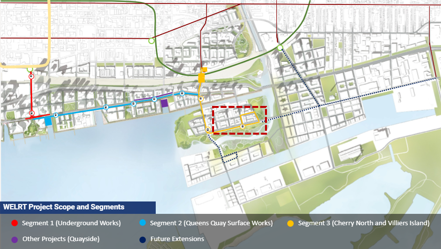 illustrated map of the waterfront showing the scope of transit projects