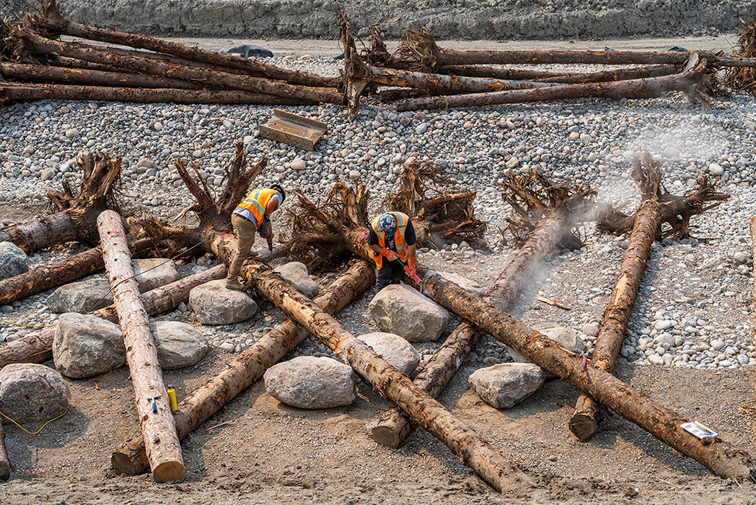 Two people in construction gear cut large dead trees with chainsaws in a new river valley.