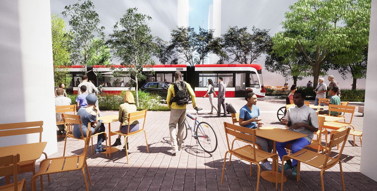 rendering of people sitting at tables outdoors next to a light rail line 