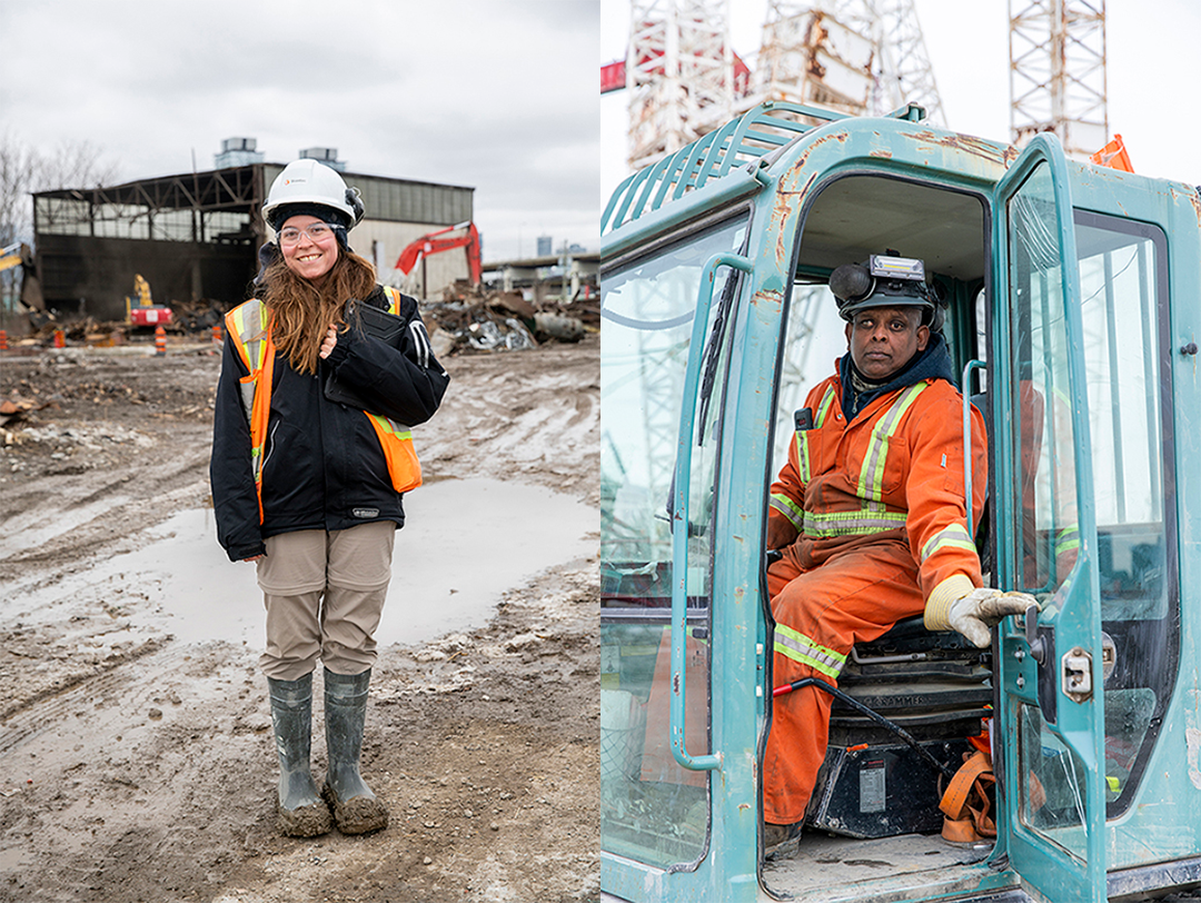 A person smiles and gives a thumbs up wearing construction gear. 