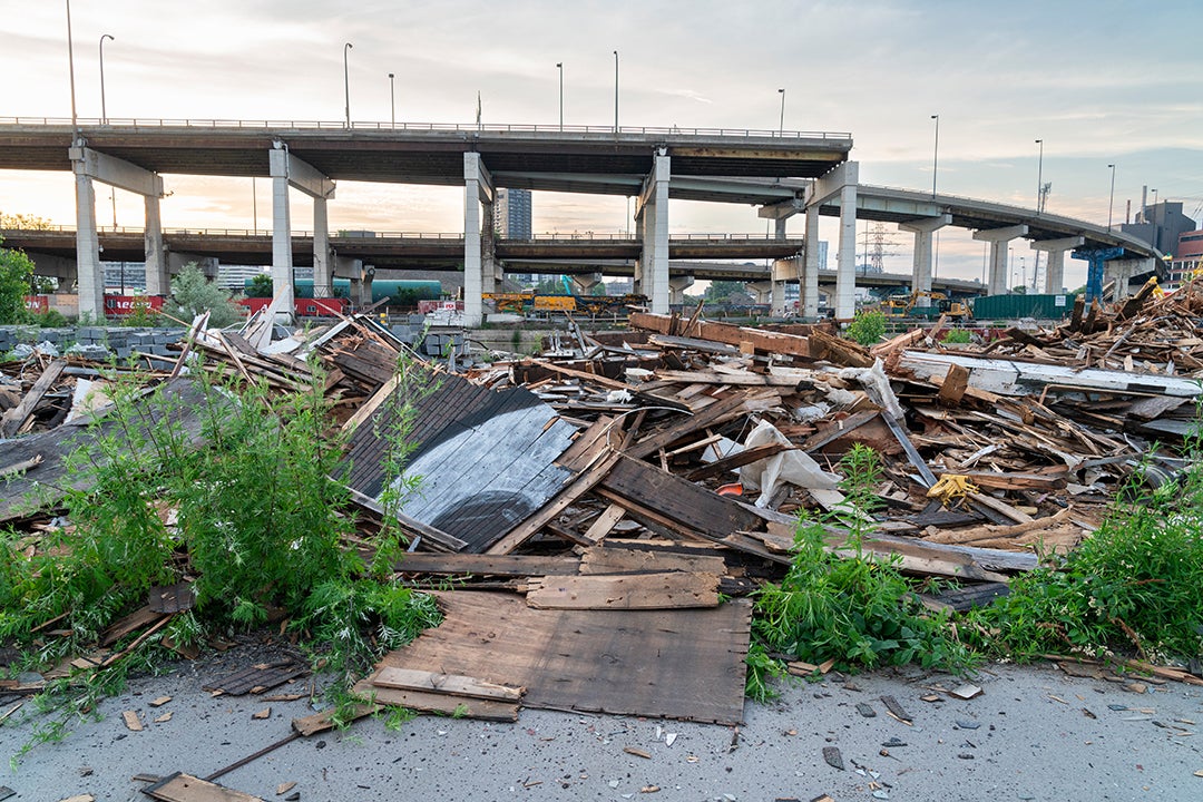 A pile of rubble from demolished buildings.