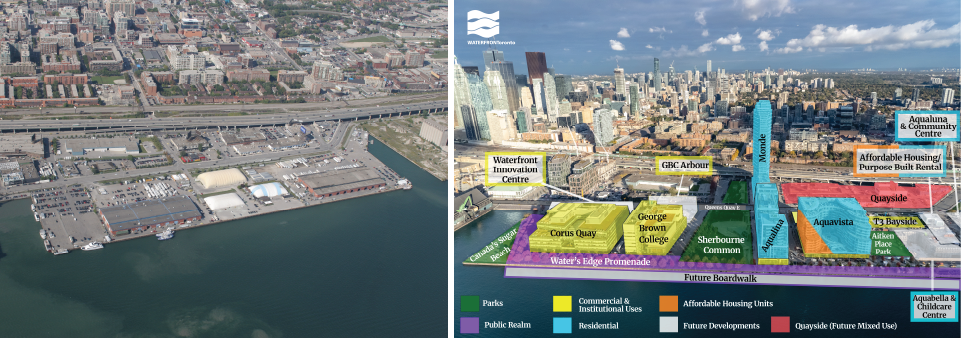 Aerial before and after images of waterfront neighbourhood. 