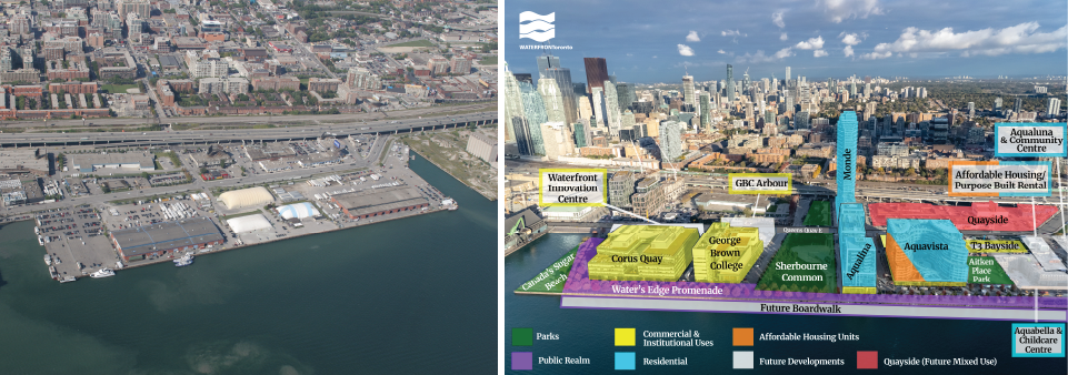 Aerial before and after images of waterfront neighbourhood.