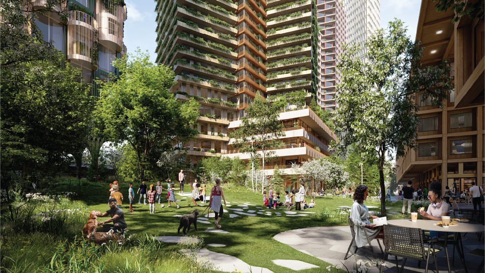 Rendering: people sitting in a park, with apartment buildings in the background.