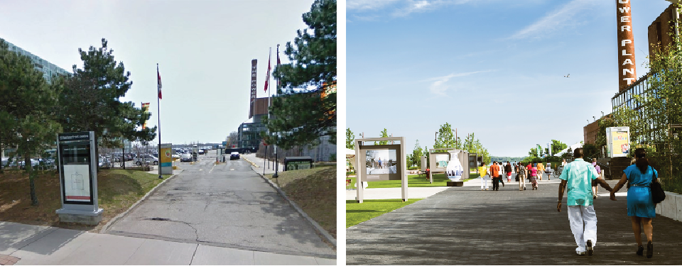Before and after images of a public plaza. 