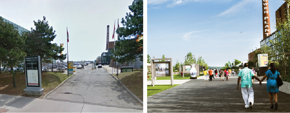 Before and after images of a public plaza.