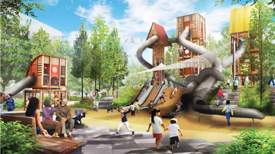 Rendering of children's playground with slides.