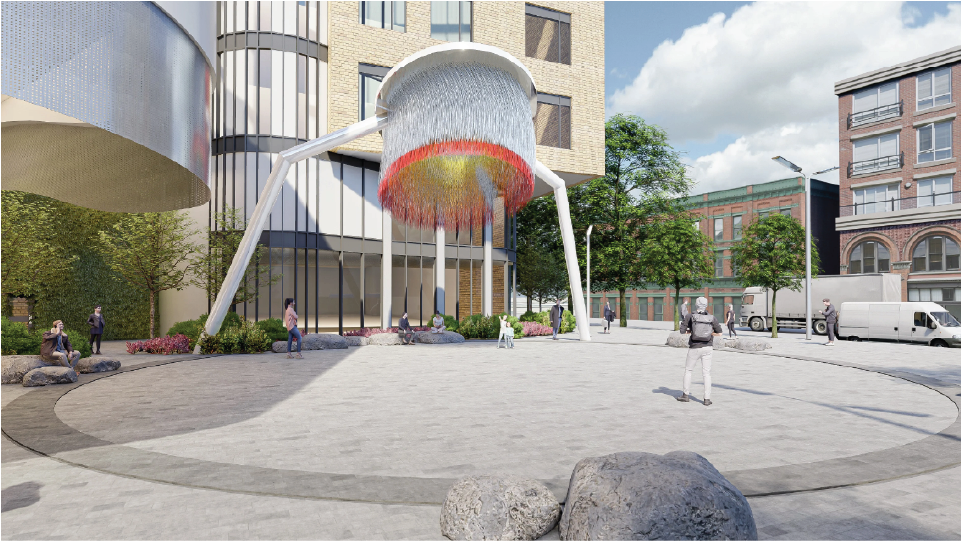 Rendering of a public art installation in a public plaza.