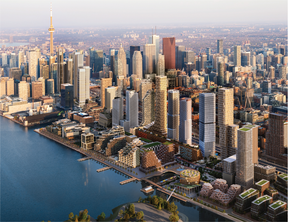 Rendering of a waterfront city's downtown core. 