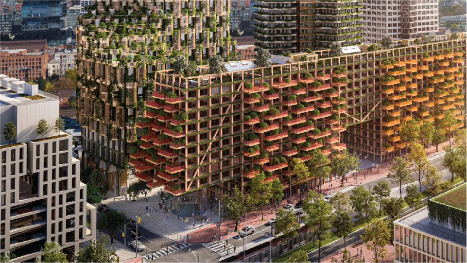 Rendering of a mass-timber building with other towers in the background. 