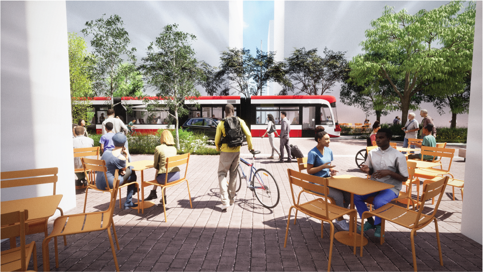 Rendering of a public space with street car in background. 