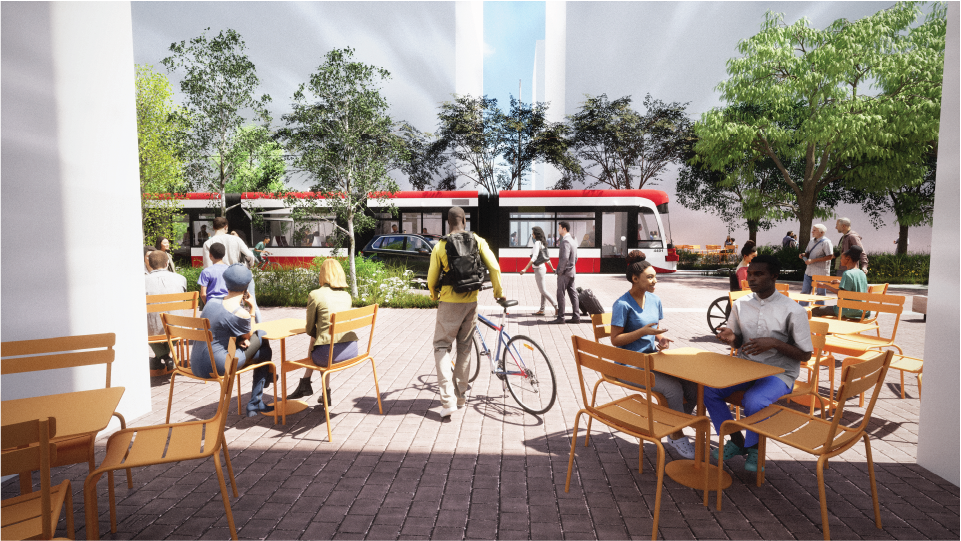 Rendering of a public space with street car in background.