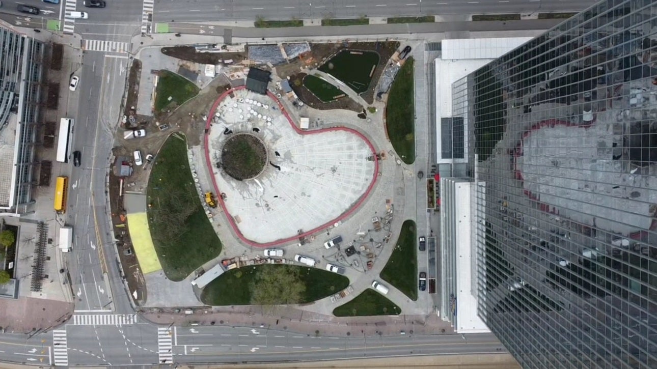 aerial view showing construction of a new urban park