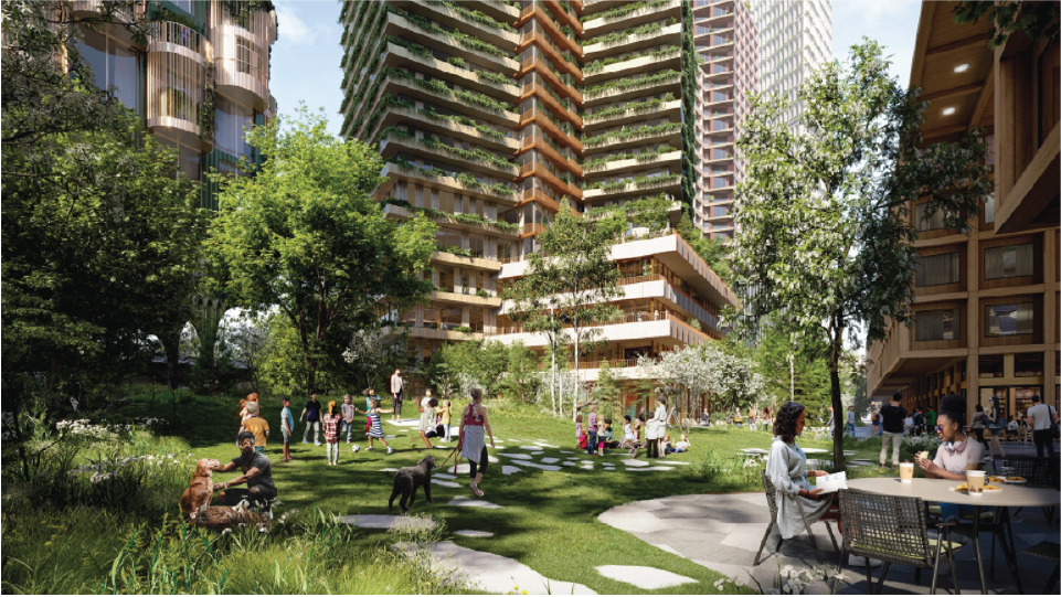 Rendering: a forested park space between tall buildings in a city.