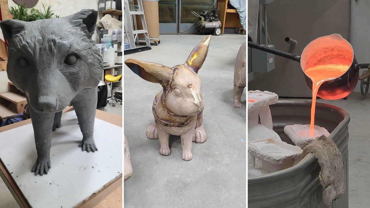 close-up showing three images of animal sculptures before bronze wax was poured