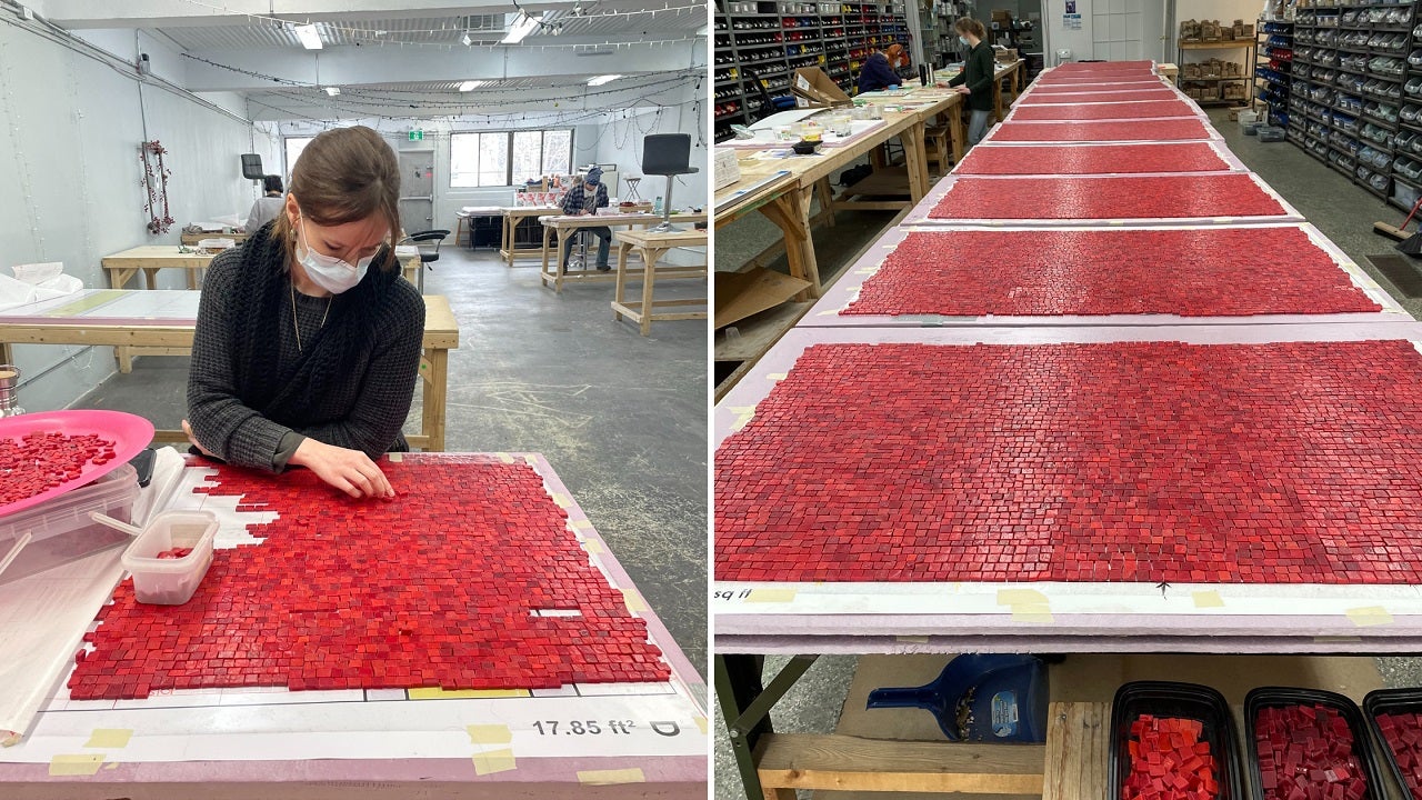 side-by-side photos showing a woman laying out red mosaic tiles and a close up of the tile pattern