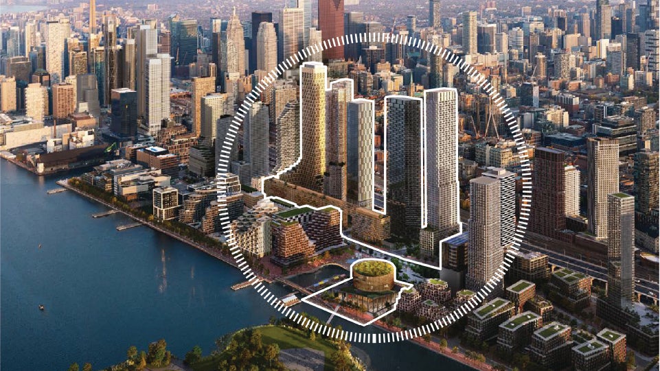 Rendering of Toronto's downtown waterfront with Quayside development plan outlined in white. 