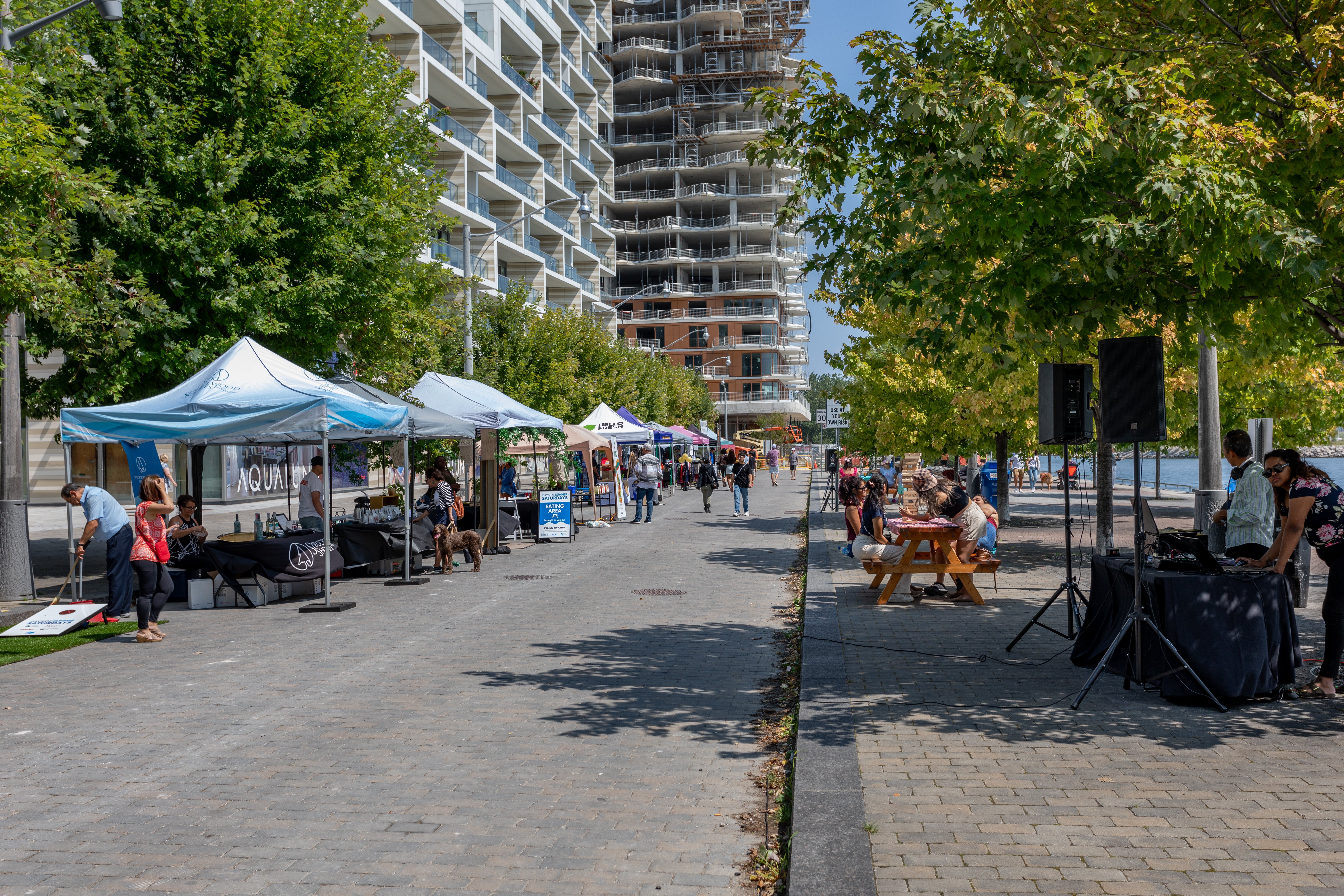 A festival along the waterfront in the summer. 