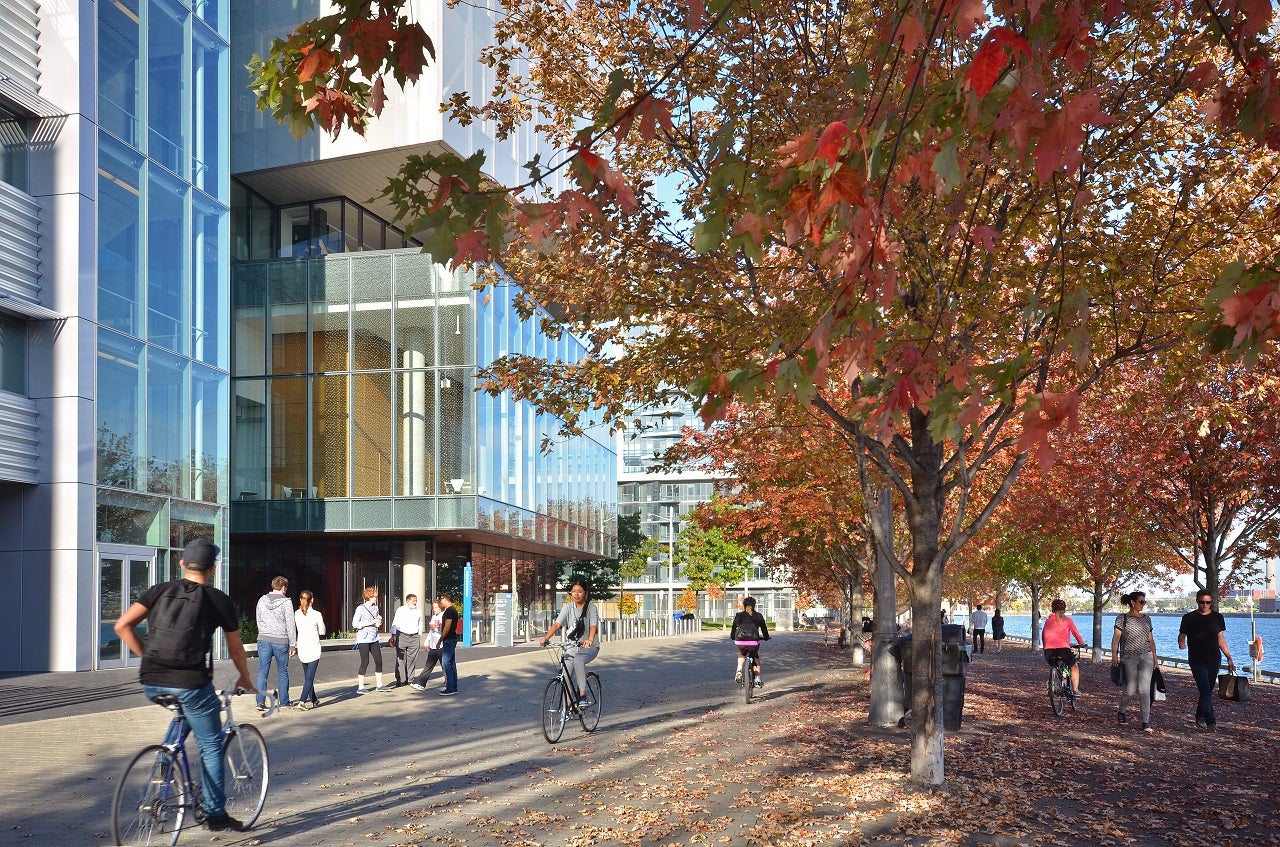 people walking and cycling on the water's edge promenade in the fall