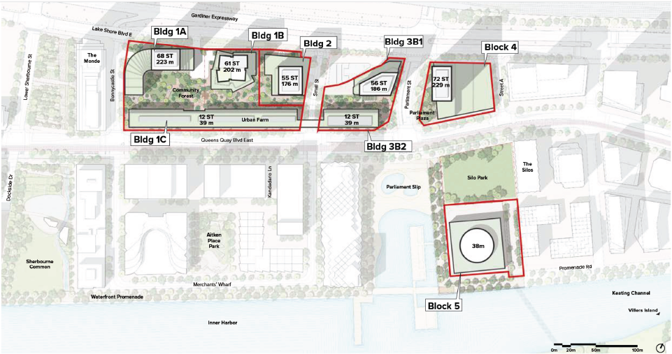 Illustrated map of Quayside with eight buildings labeled with proposed buliding heights. 