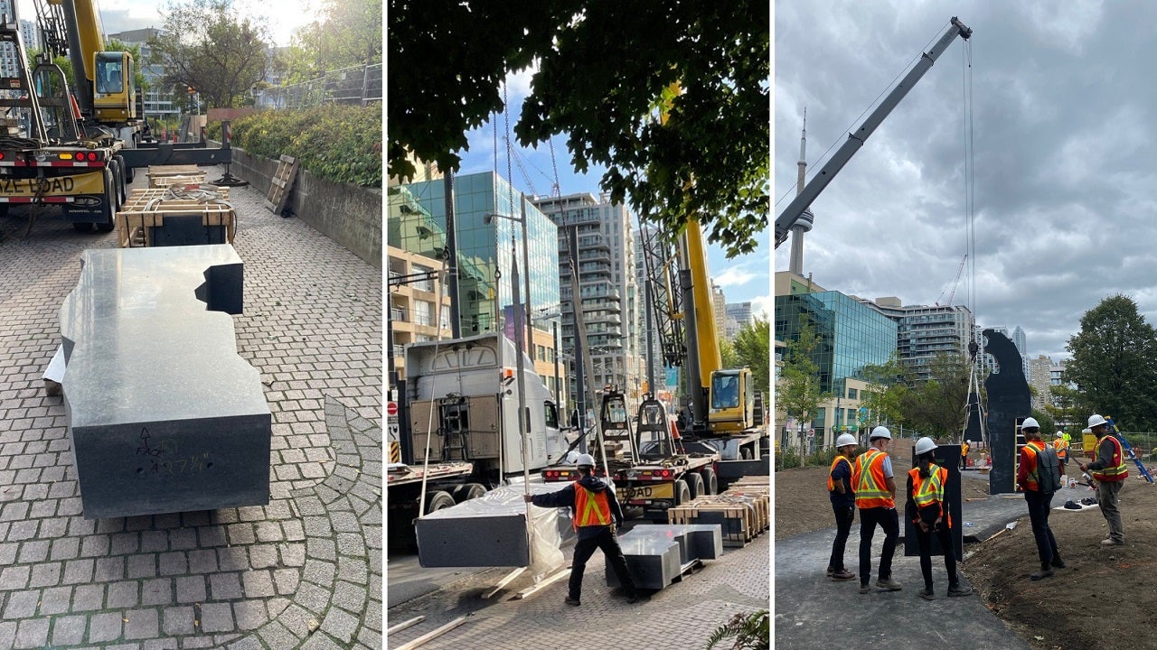 collage of three images showing installation of granite to form new public art