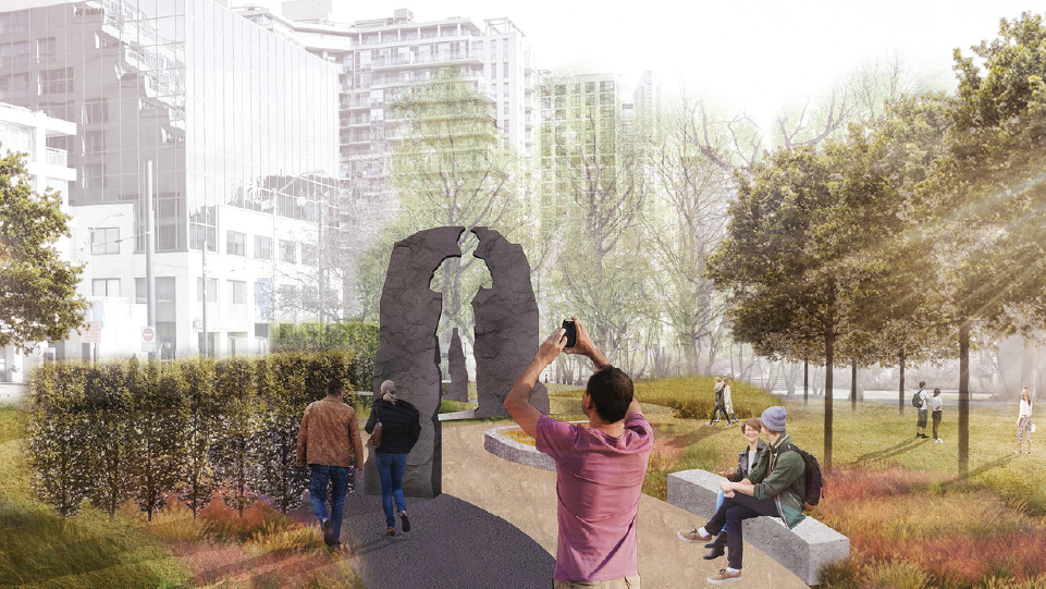 Rendering: park with a granite silhouette of Terry Fox.