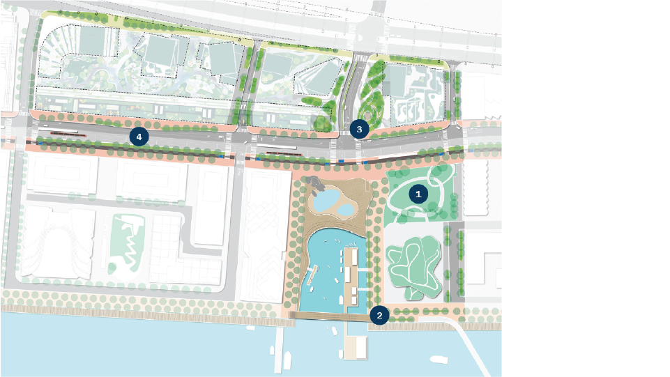 Illustrated map of future public realm spaces in Quayside.