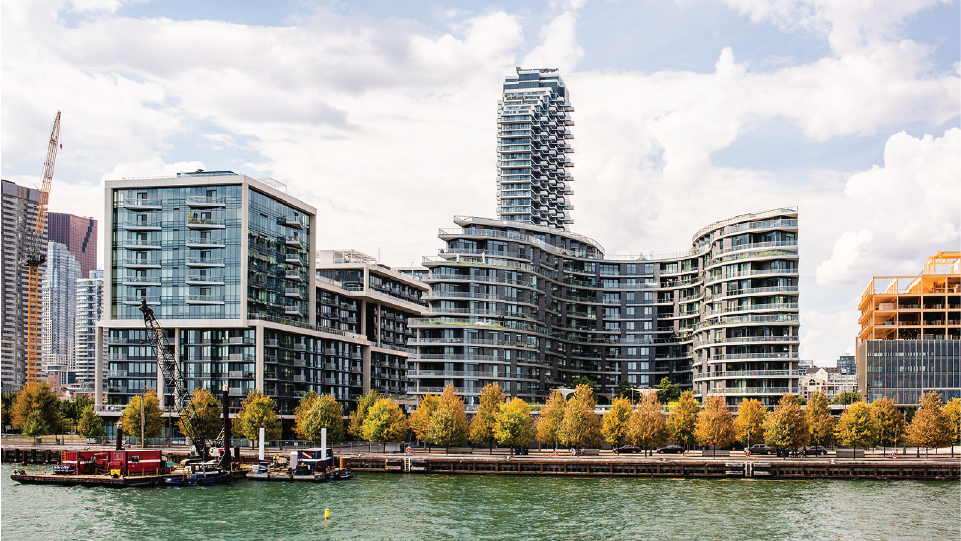 Toronto's East Bayfront neighbourhood seen from the water. 