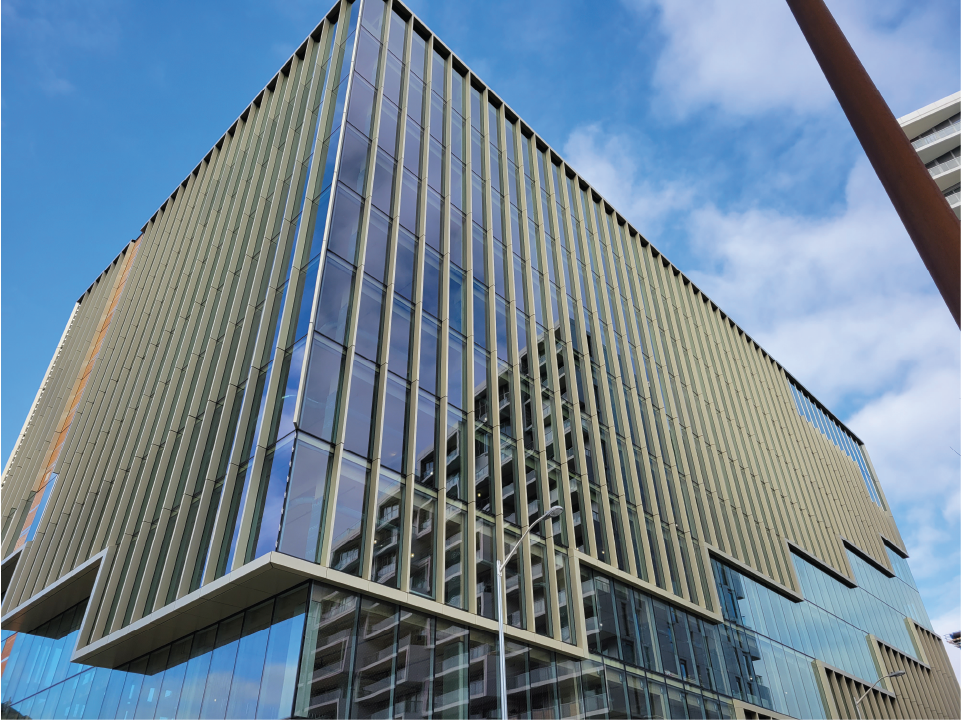 Close-up of the exterior of the T3 Bayside mass timber building in Toronto's East Bayfront.
