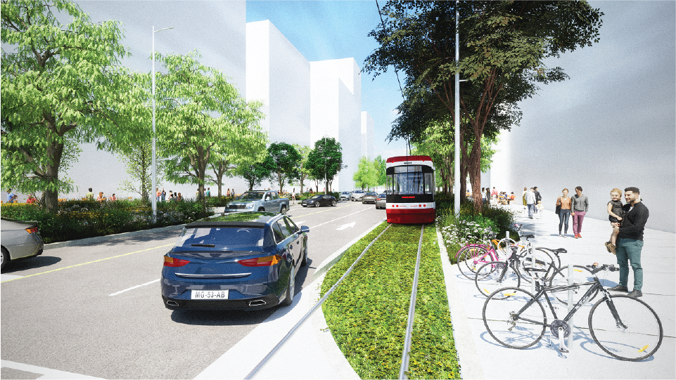 Rendering: a green streetcar track in a downtown. 