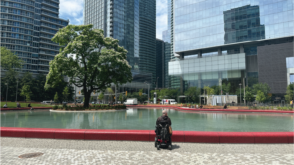 A person in a mobility chair looks over the Love Park pond. 