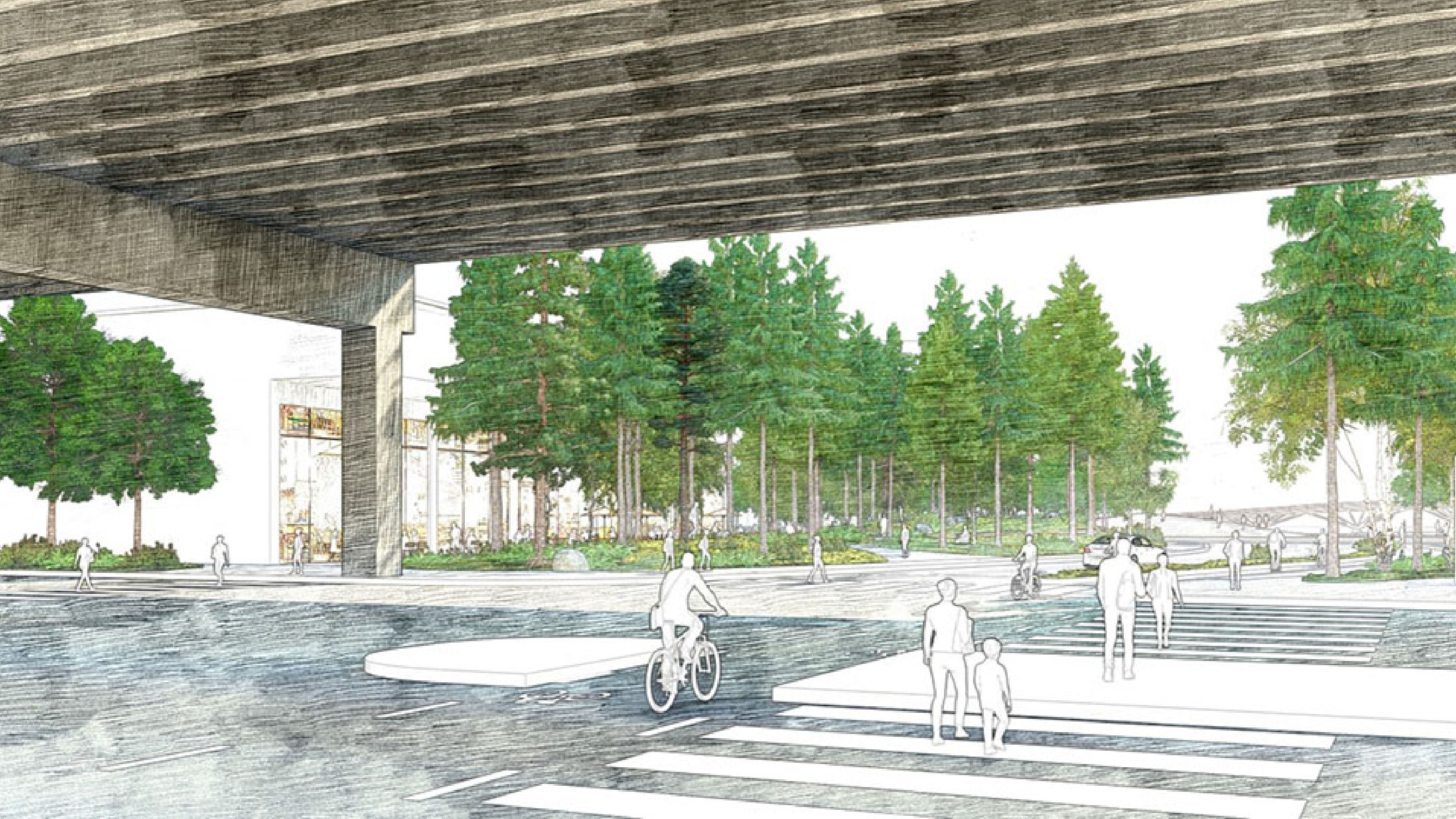 Artist illustration of streetscape at future Lake Shore Boulevard East and Parliament Street.