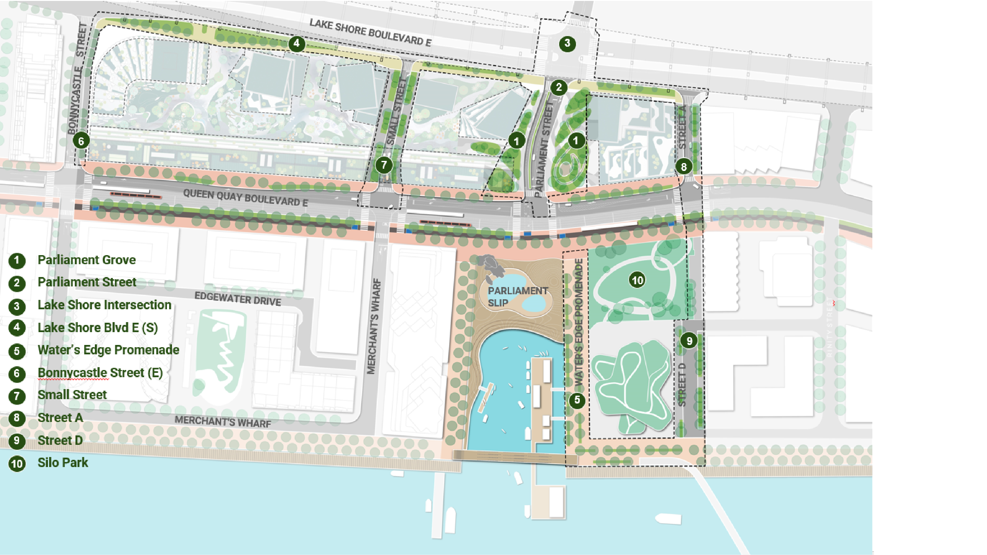 Illustrated map of public spaces at Quayside. 