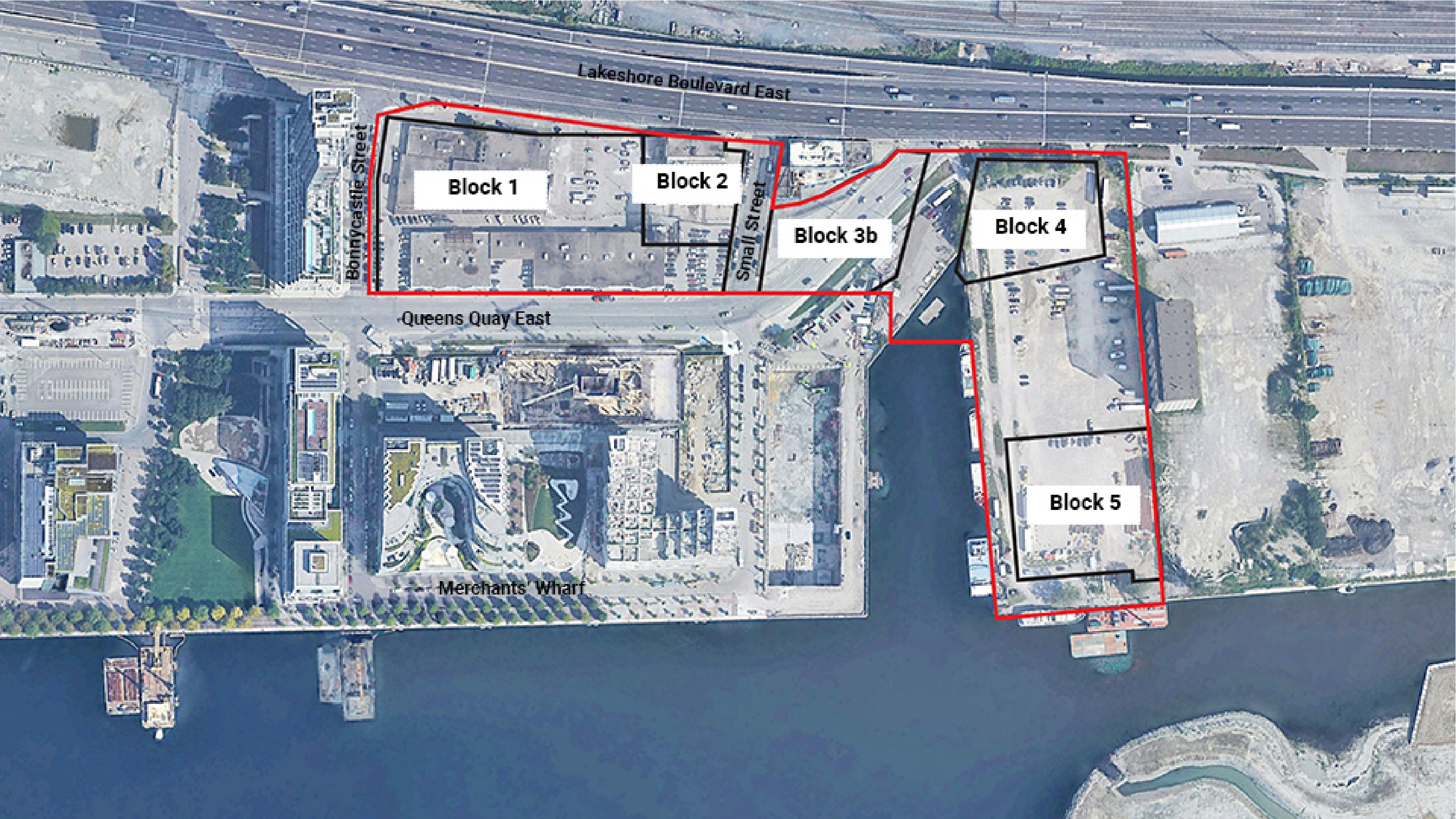 Quayside subdivision plan, labeled Blocks 1 to 5.