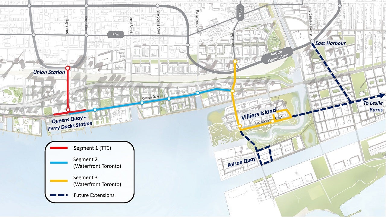 A project area map showing routes for various waterfront transit project components: Segment 1 is underground link running from Union Station to the foot of Bay Street; Segment 2 is the extension of Queens Quay East from Bay Street to Cherry Street; Segment 3 is a dedicated transitway from the current Distillery Loop on Cherry Street into the Port Lands.