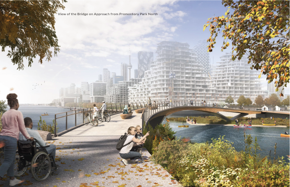 Rendering: Maamawi'Bridge - A view of the Bridge Approach from Promontory Park North.