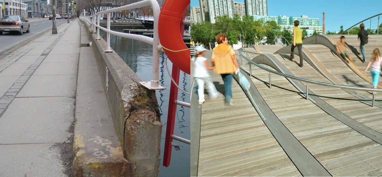 side-by-side photo of a narrow sidewalk before revitalization and a widened walkway after