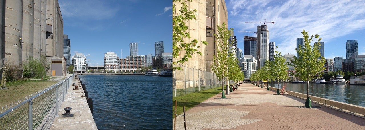 side-by-side images of Portland Slip before and after revitalization